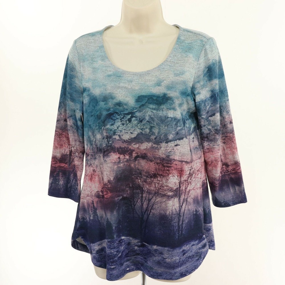 Christopher & Banks Womens Knit Shirt S Small Ombre Nature Landscape Print Art